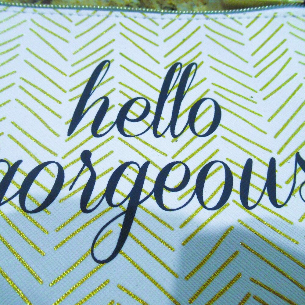 Dabney Lee white cosmetic bag, gold pattern, Hello Gorgeous! NWT